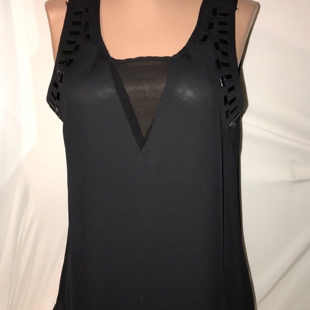 Papaya Women's Black Mesh Front Beaded Keyhole Back Embellished Tank‎ Top Medium